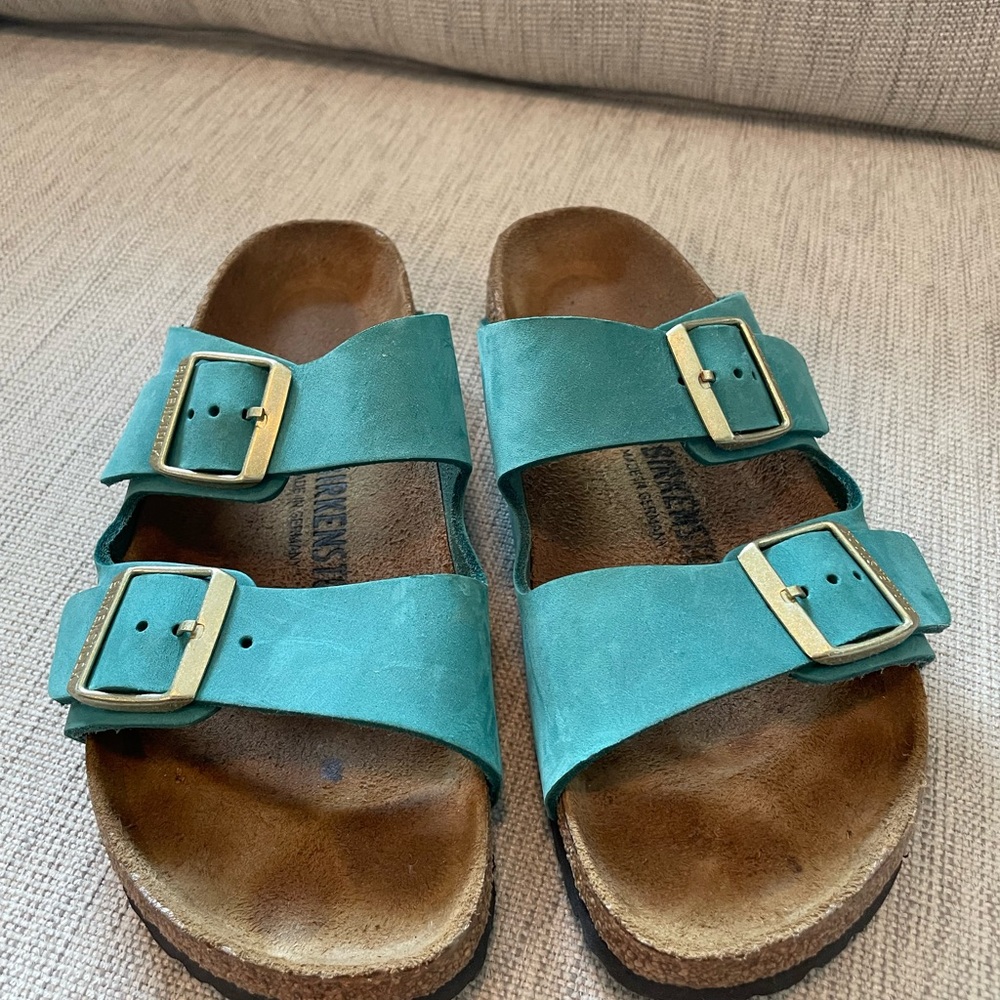 Teal Double Strap Sandals, Big Buckle, Birkenstock, size 39